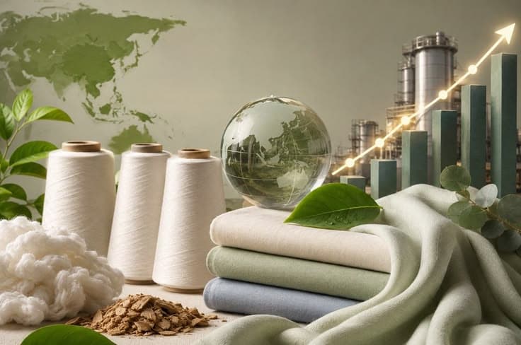 Yarn cones, folded fabrics and a globe representing global order management